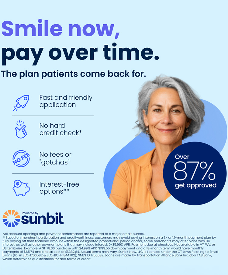 Dentistry promotional image featuring the phrase "Smile now, pay over time" emphasizing flexible payment options
