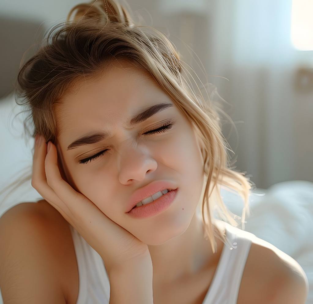 Young woman holding her cheek in pain
