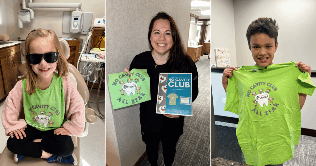 Smiling children hold books and t-shirts, promoting literacy in connection with Neighborhood Dental Brandon dentistry practice.