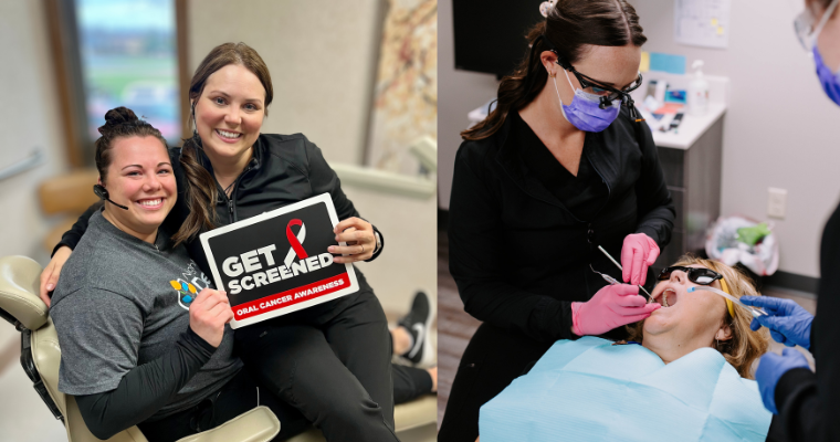 Left image: Two women smiling in the Neighborhood Dental Brandon office; one holds a ‟Get Screened” sign for oral cancer awareness. Right image: A dental professional at Neighborhood Dental Brandon examines a patient.