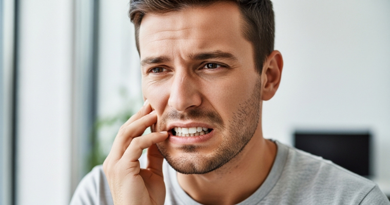 A man with short hair looks distressed, holding his cheek with a pained expression, suggesting a toothache.