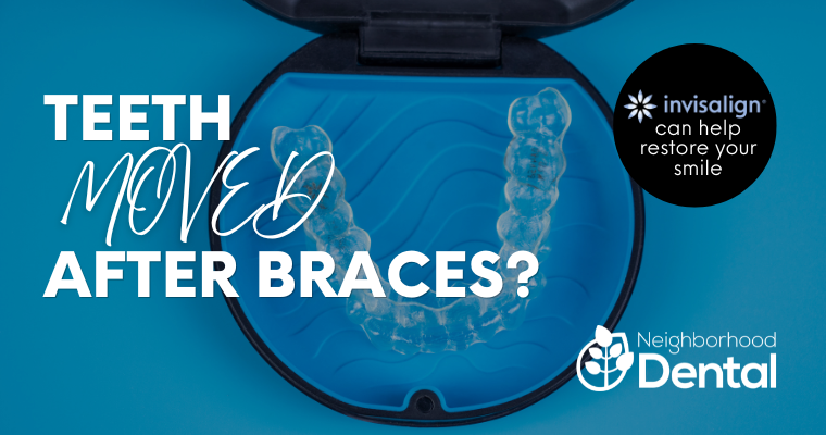 Blue background with Invisalign aligners container and text stating Teeth Moved After Braces?